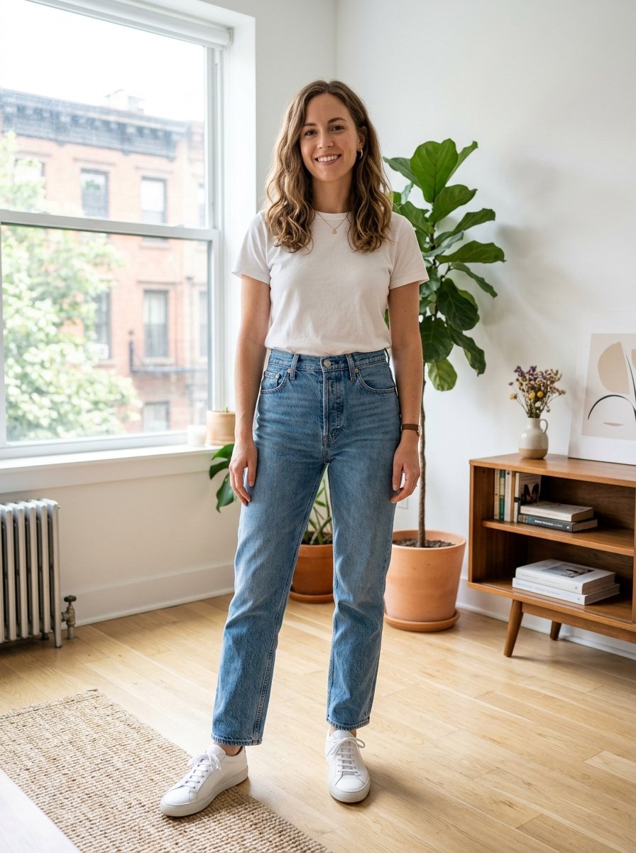 A woman with wavy hair standing in a sunlit living room wearing a white t-shirt, blue denim jeans, and white sneakers.