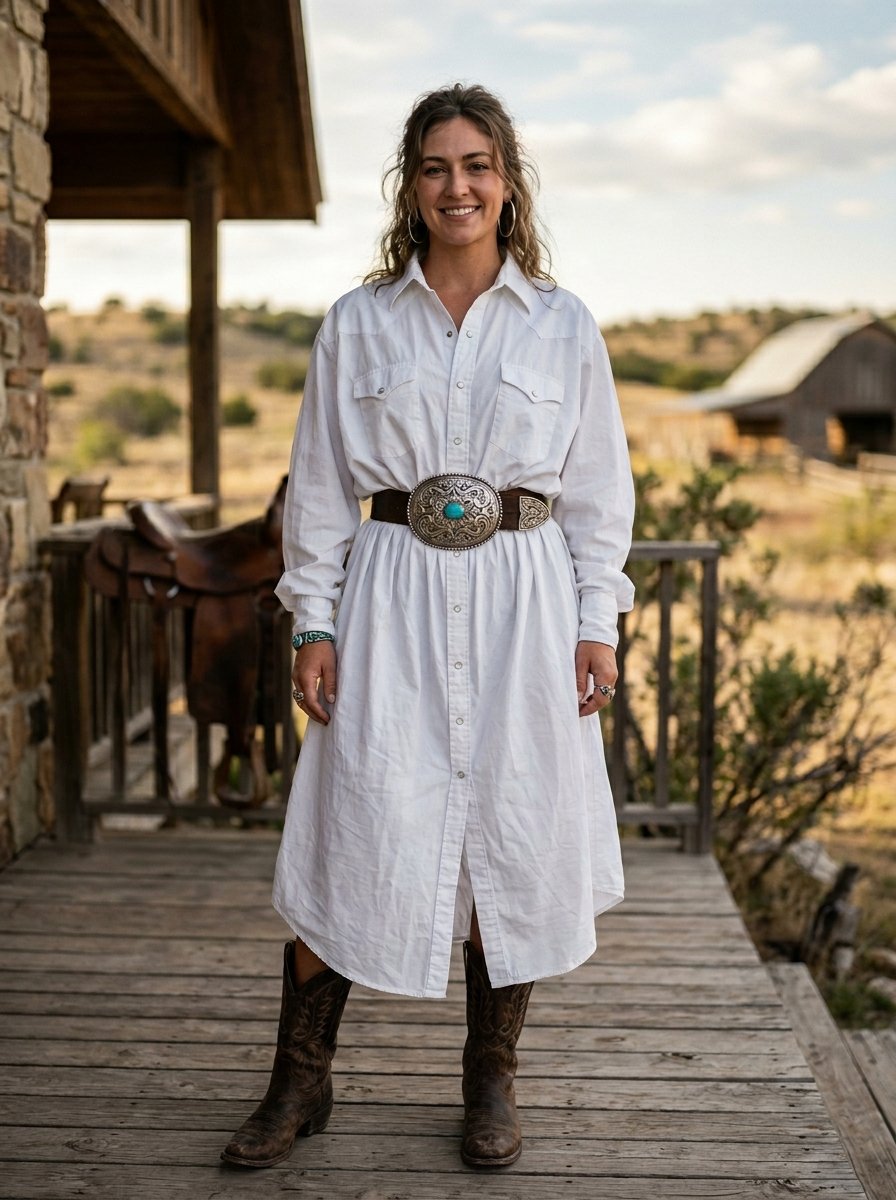 A woman wearing a white button-down dress and western boots stands on a rustic wooden porch with a saddle.