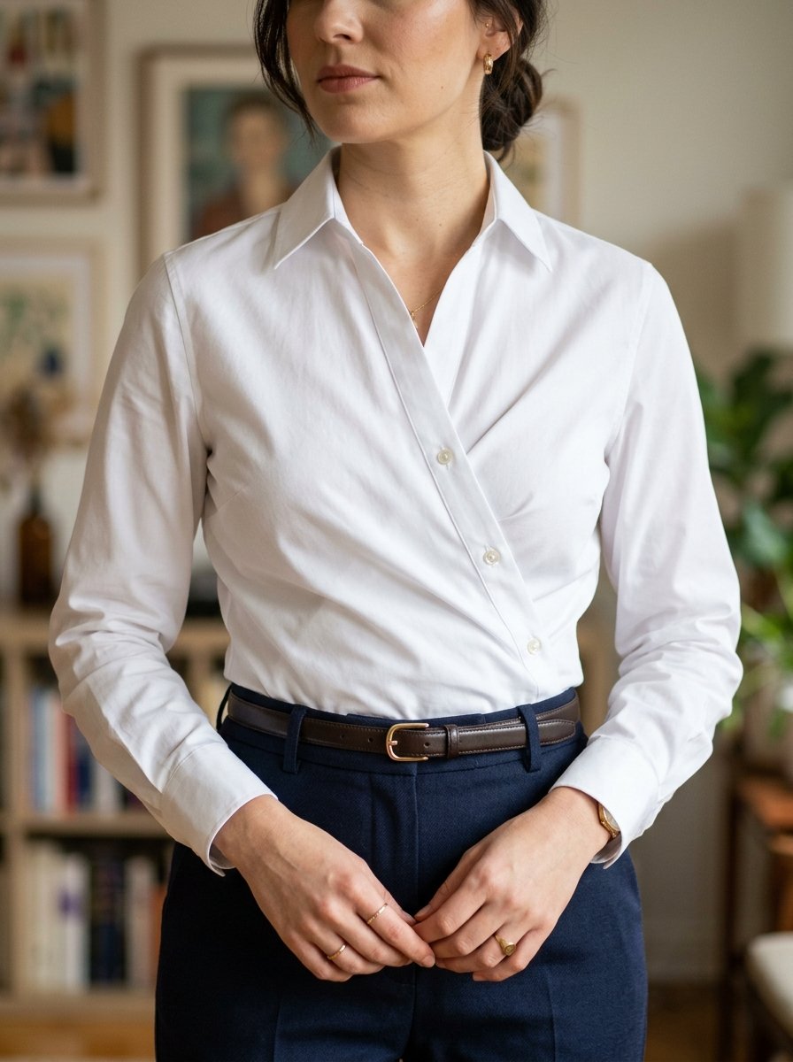 Close-up of a woman in a white asymmetrical button-down blouse with navy blue trousers and a thin brown leather belt.