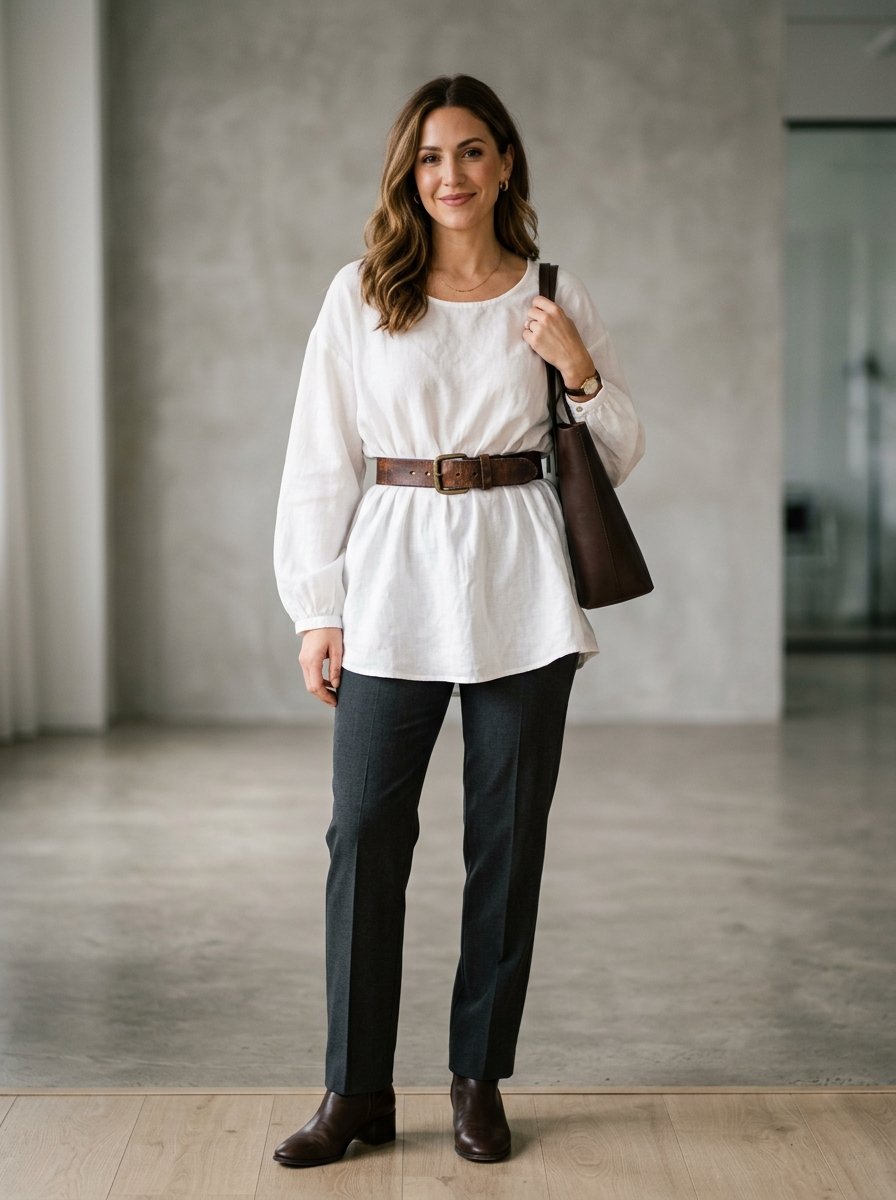 A smiling woman posing in a white long-sleeved shirt with a brown leather belt and dark grey pants.