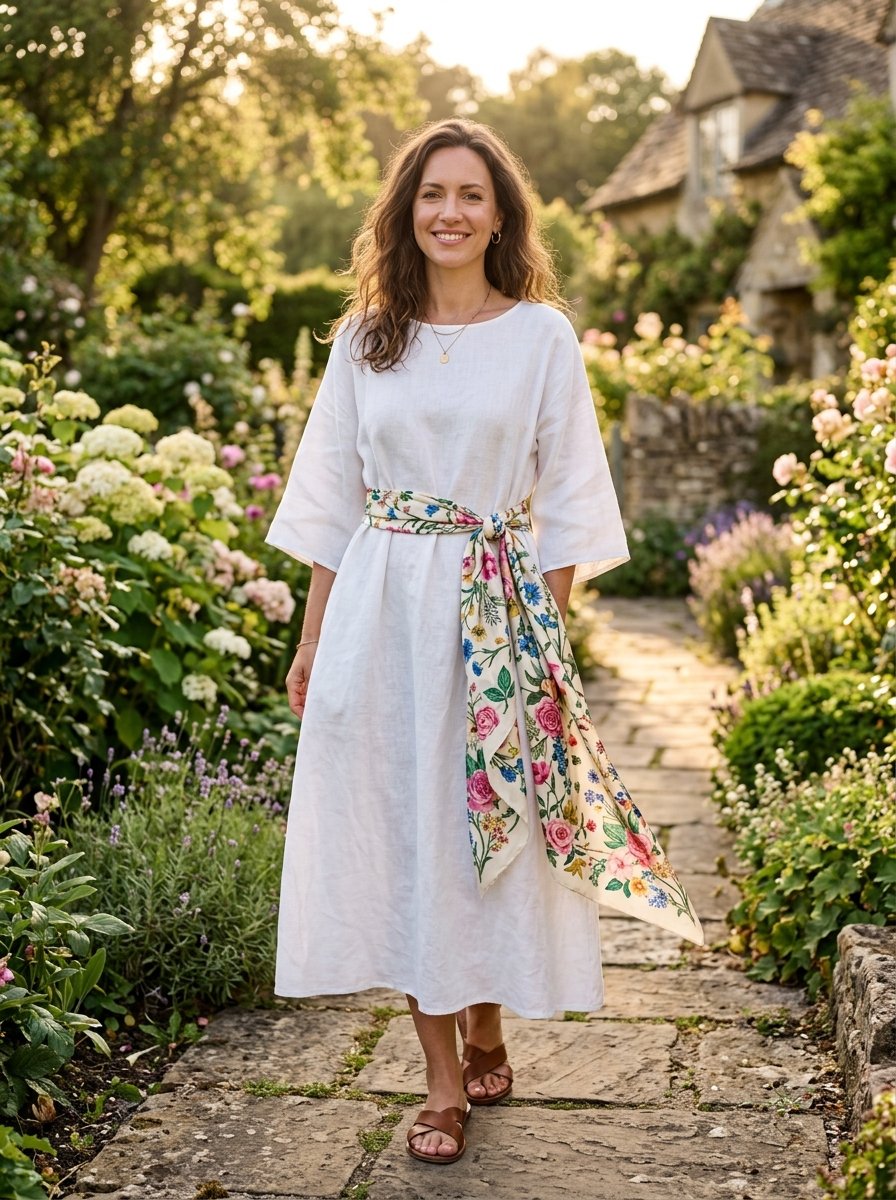 A woman with wavy hair walks along a garden stone path wearing a white dress tied with a long floral patterned scarf.