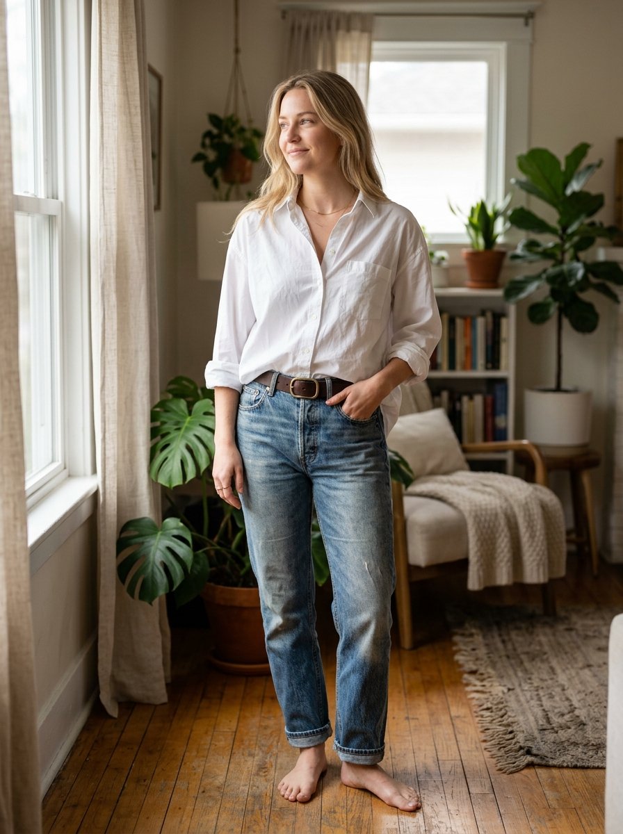 A barefoot woman wearing a button-down shirt and relaxed jeans, standing in a sunlit living room with potted plants.