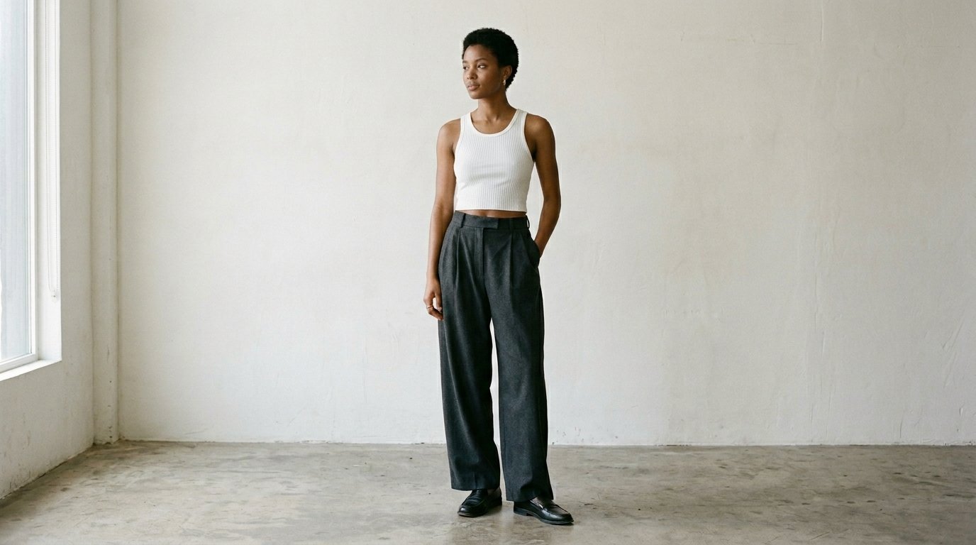 A person with short hair standing in a minimalist room wearing a white tank top and loose dark grey dress pants.