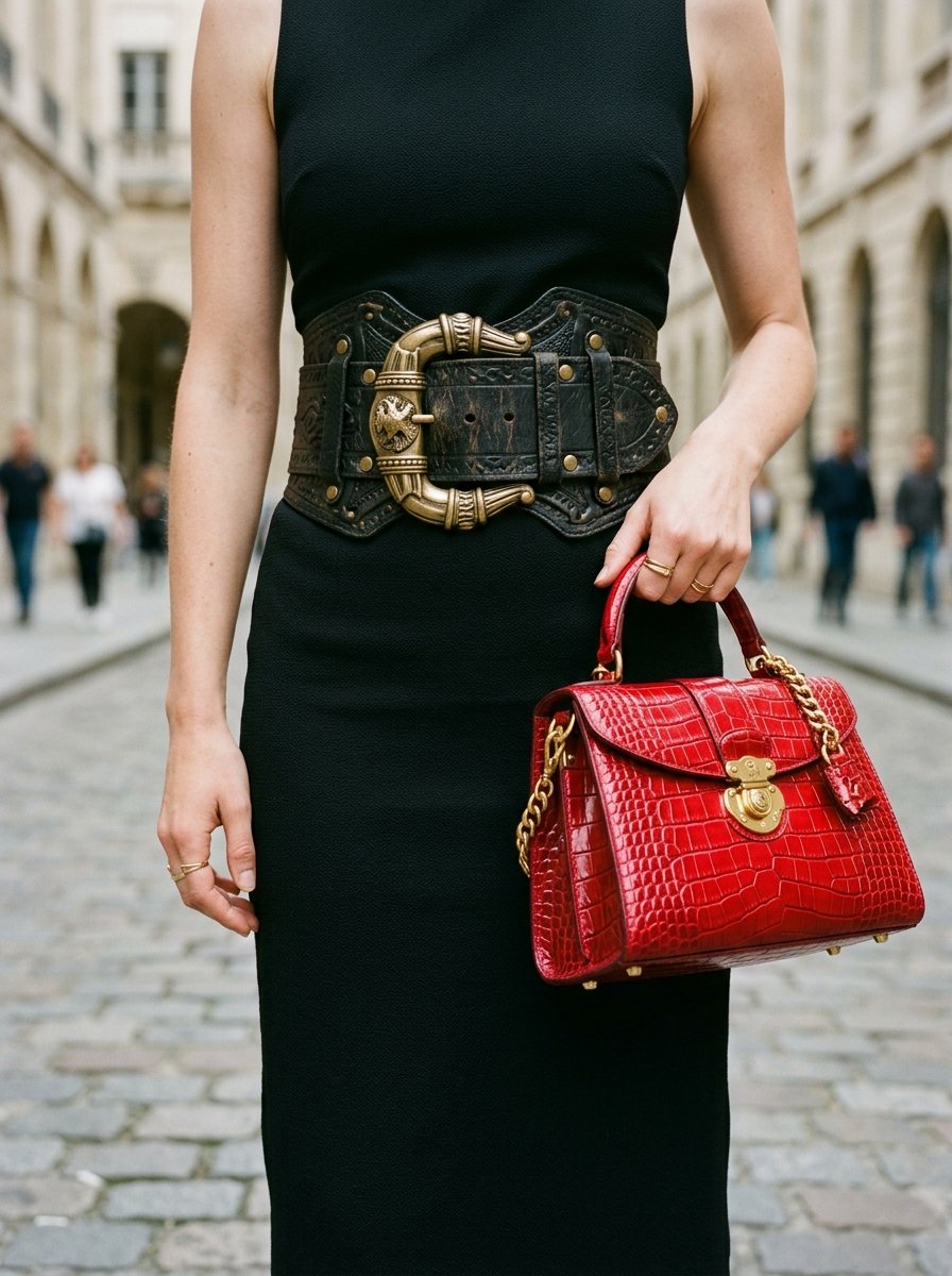 Close up of a woman in a black dress wearing an ornate leather cinch belt and carrying a red crocodile print handbag.