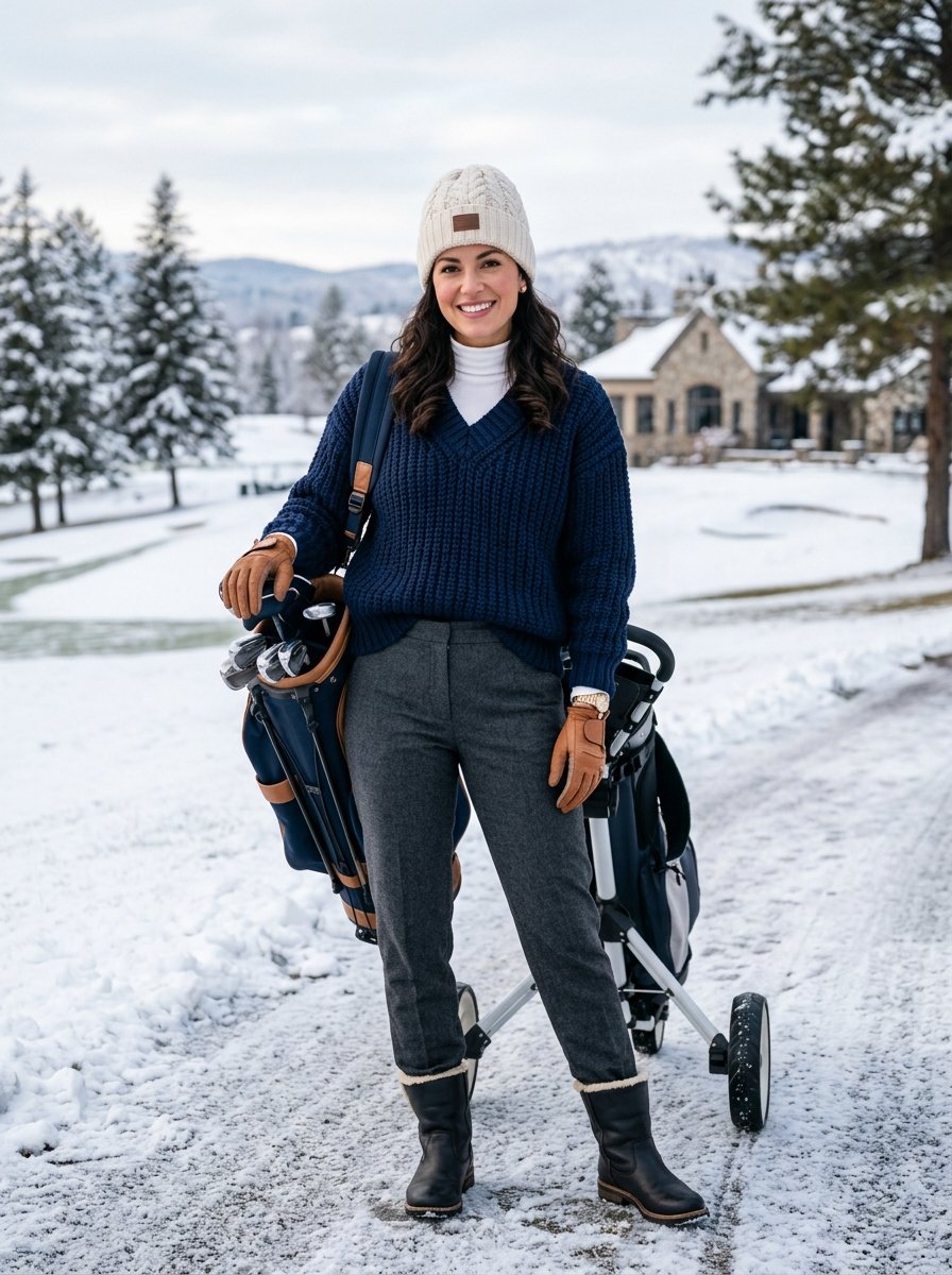 A woman in a navy sweater and knit cap stands with a golf bag on a snowy fairway.