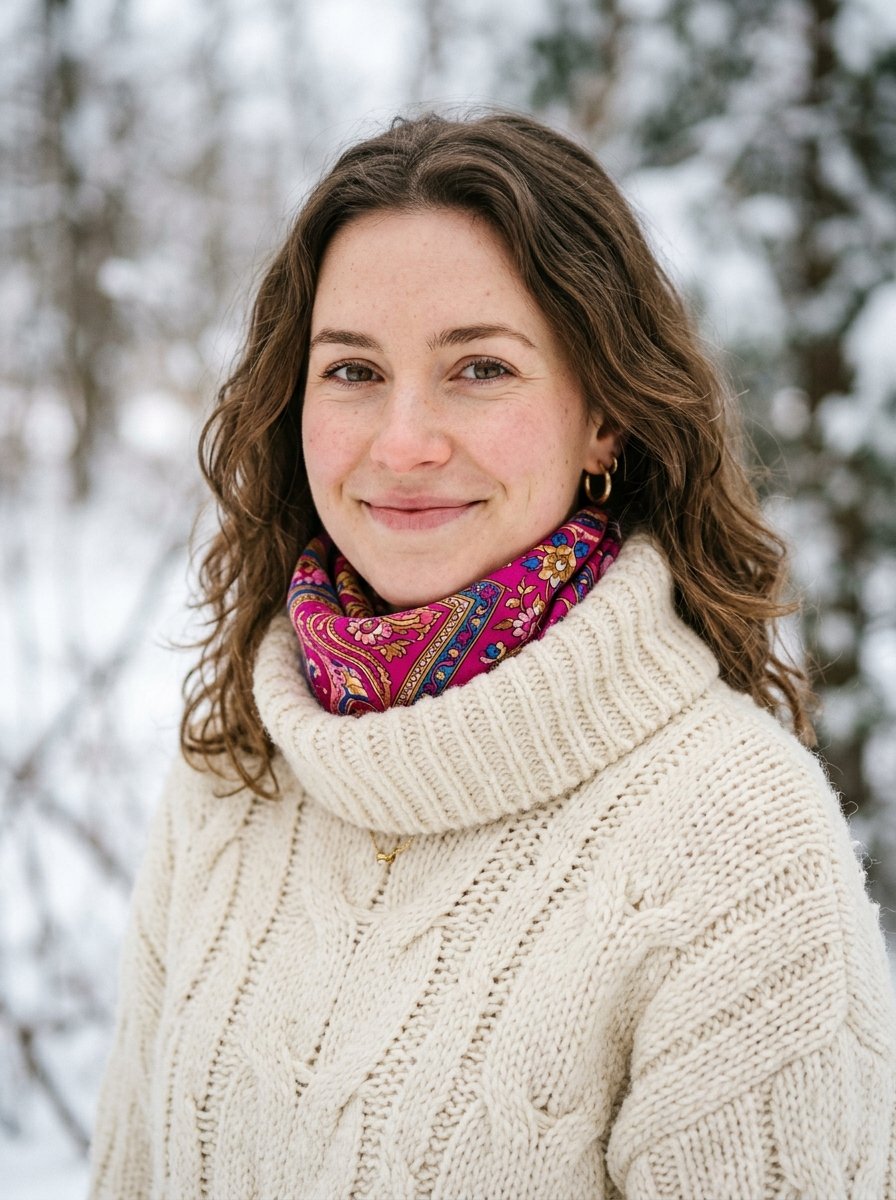 Portrait of a smiling woman with curly hair wearing a chunky knit sweater and patterned pink neckerchief in snow.