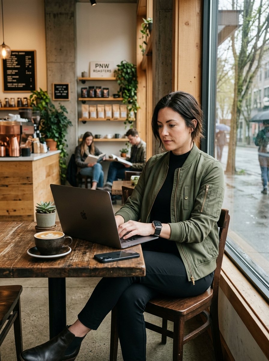 Woman in olive bomber jacket working on a laptop at a rustic wooden table next to a large window.