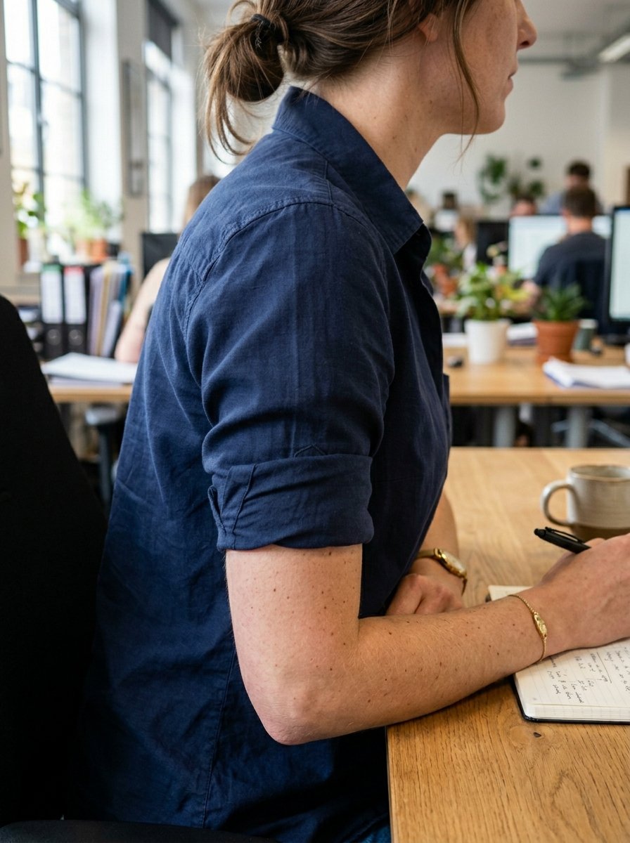 Side profile of a woman with hair in a bun wearing a navy shirt, seated at a wooden desk writing in a notebook.