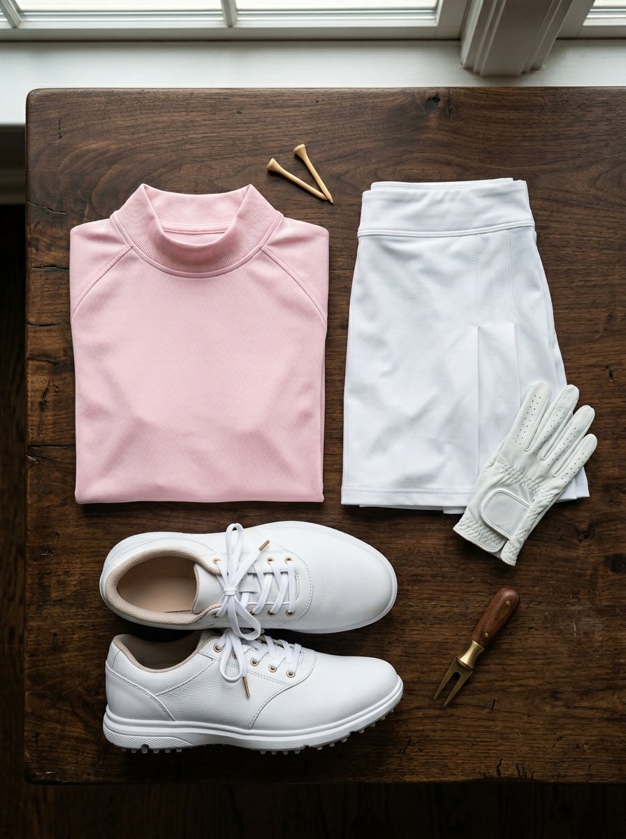 Pink mock neck golf shirt next to white skirt, glove, and sneakers on a wooden table.