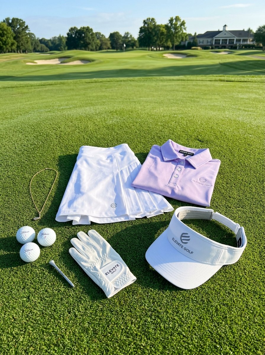 A white skort, lavender polo, golf glove, visor, and balls laid out on green grass with a course in the background.