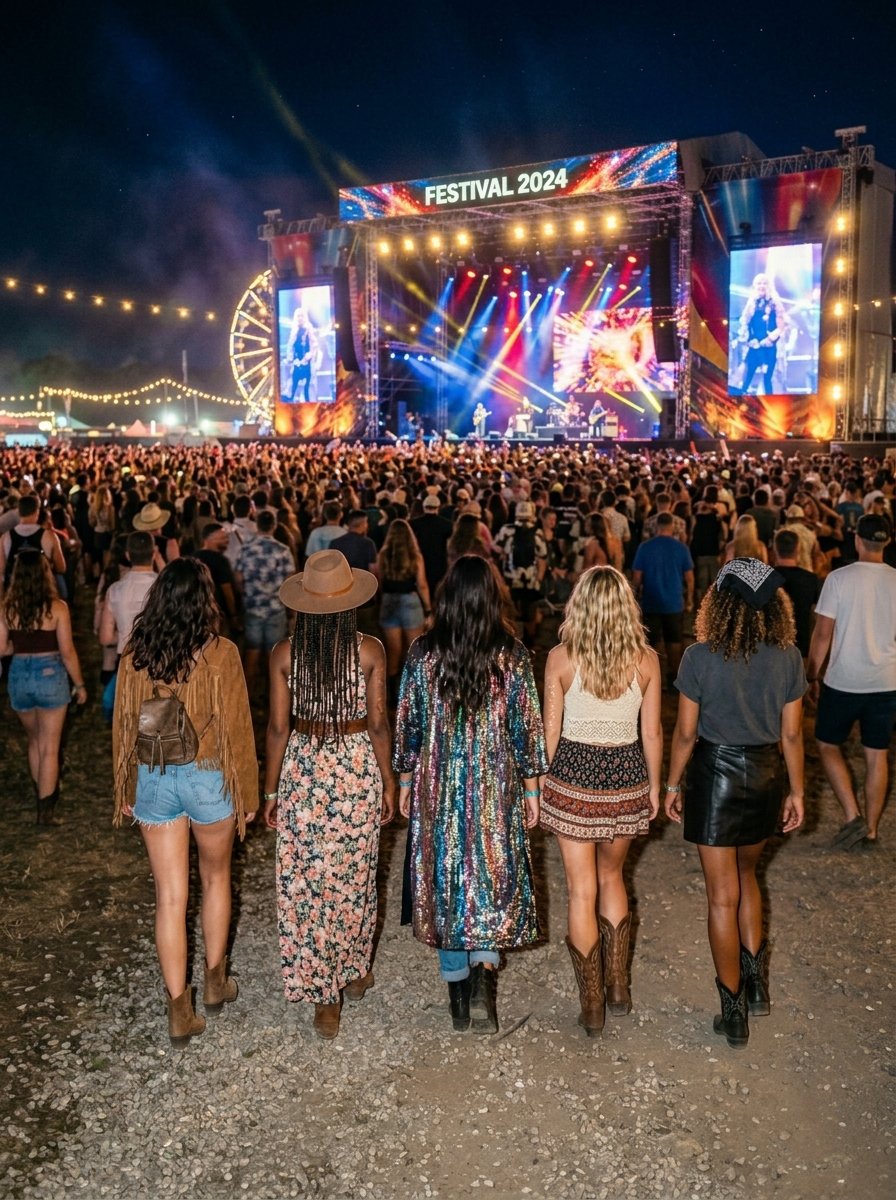 Five women walking together toward a brightly lit outdoor concert stage at night.