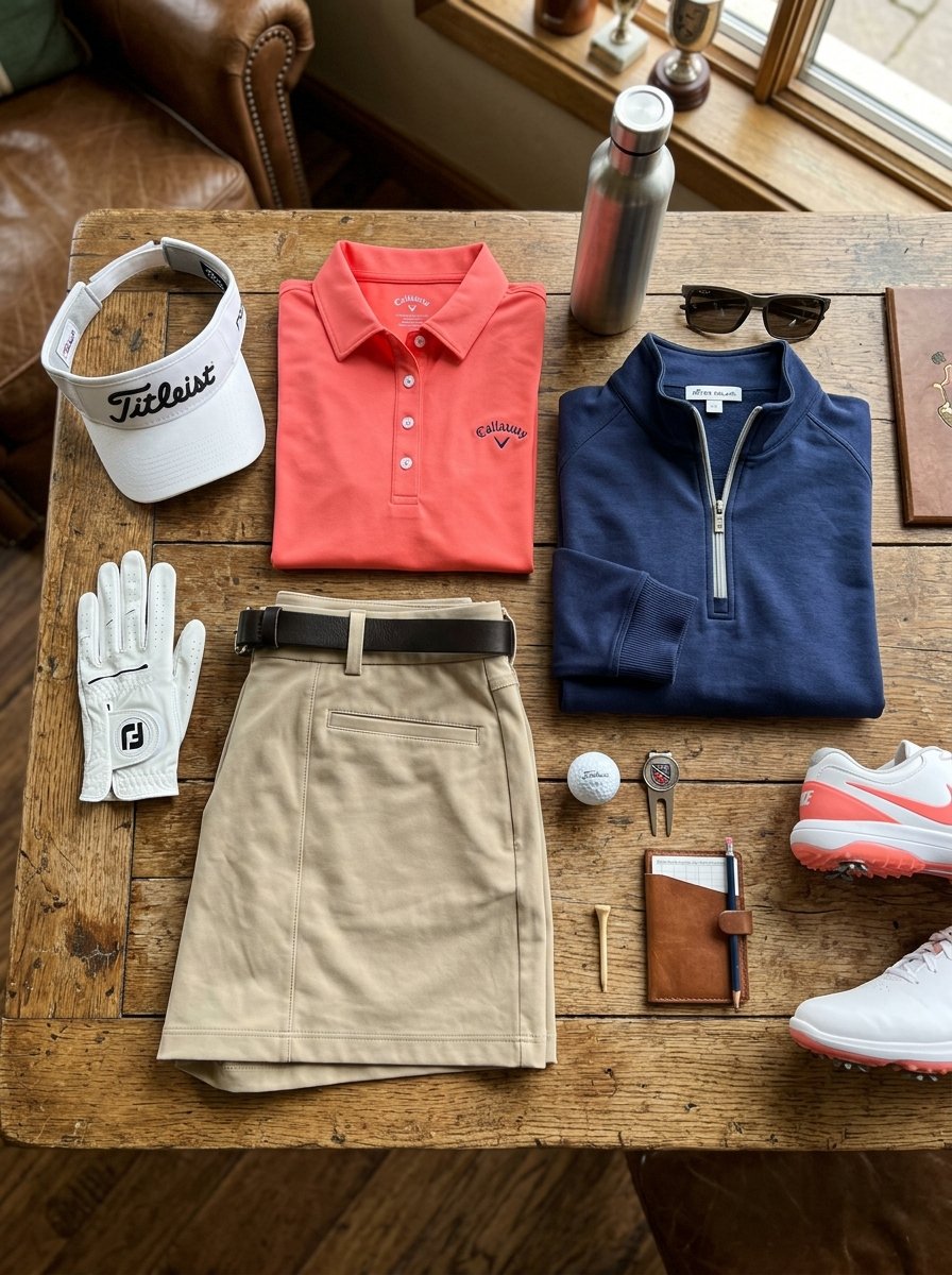 Callaway polo, navy pullover, khaki skirt, and various golf equipment laid out on a rustic wooden surface.