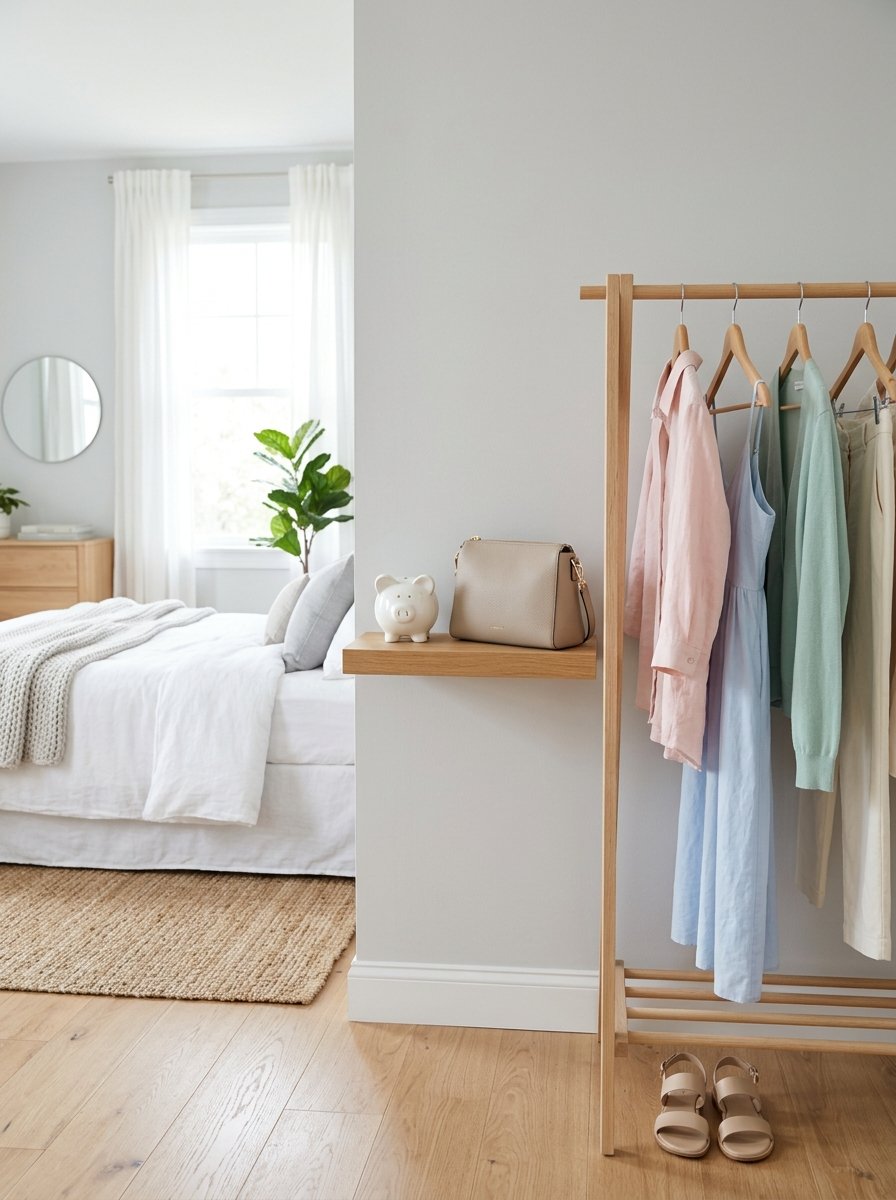 A minimalist light wood clothes rack holding pastel garments stands beside a white wall with a beige purse and pig bank.