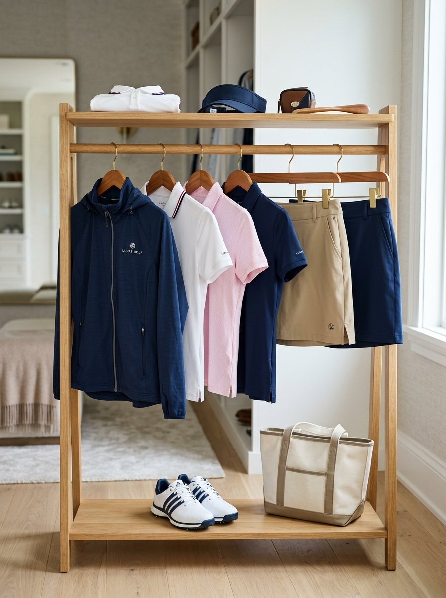 Wooden clothing rack holding golf jackets, polo shirts, skirts, and shoes in a bright room.