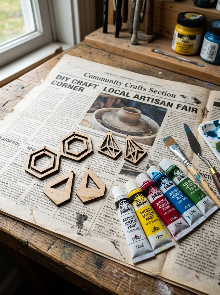 Laser-cut wood earring shapes and acrylic paint tubes lying on a newspaper-covered wooden crafting table.