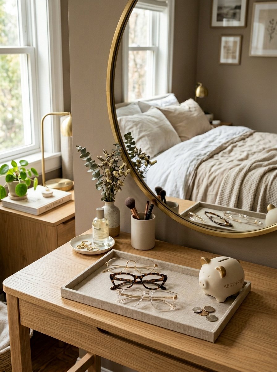 Wooden vanity table with a round gold mirror holding glasses, a piggy bank, and makeup brushes in a neutral room.