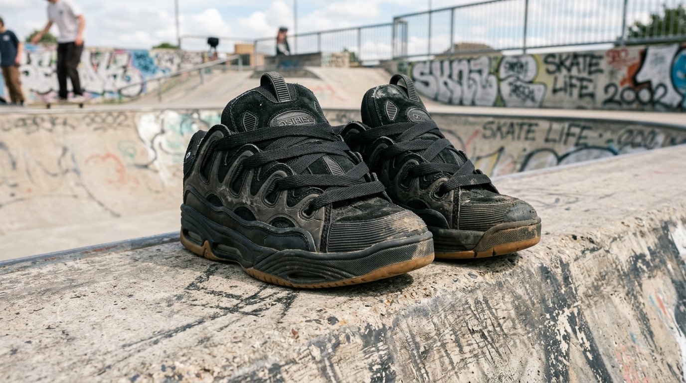 Close up of heavily used black suede Osiris sneakers resting on a graffiti-covered concrete ramp.