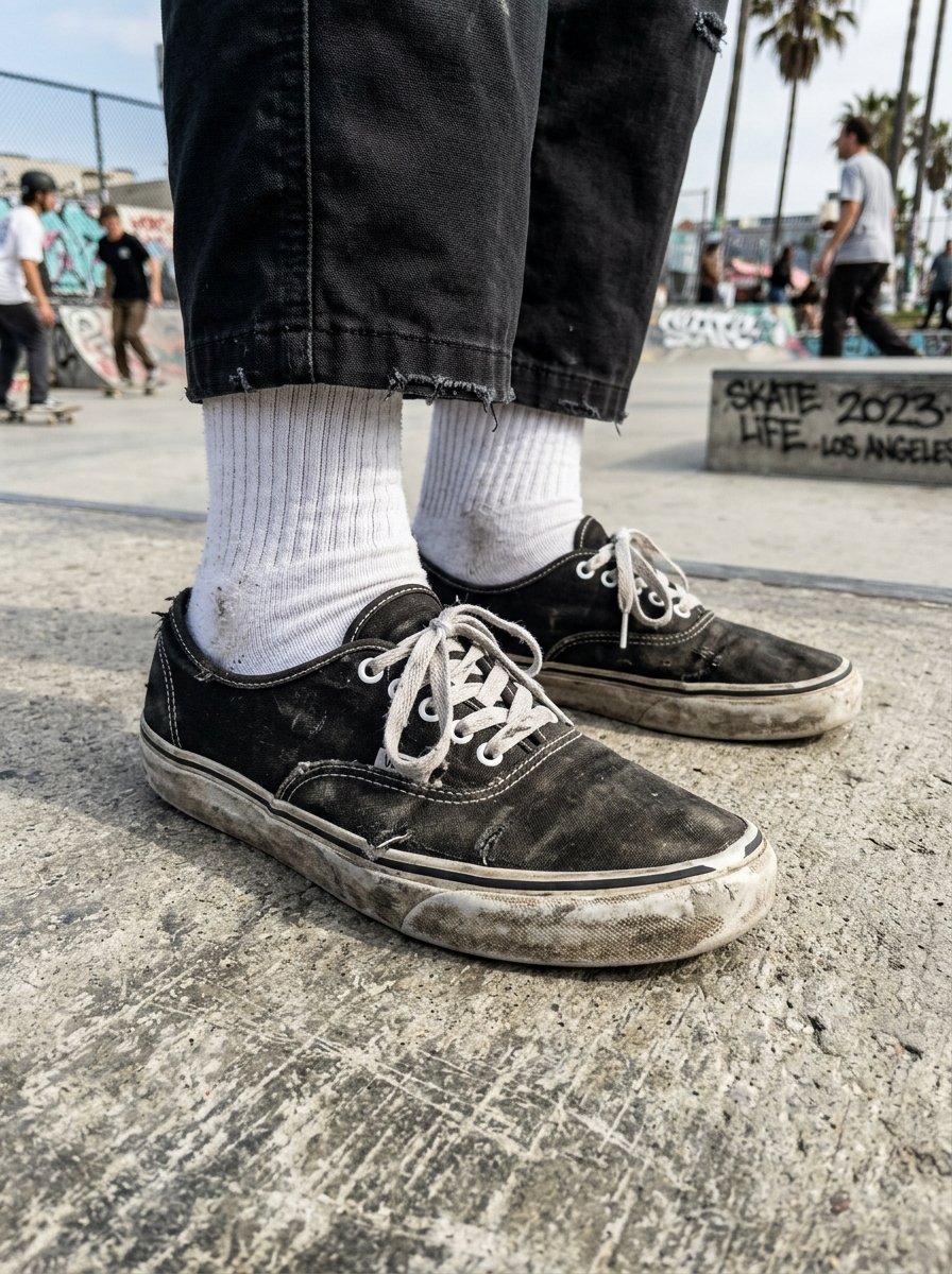 Feet wearing dirty black skate shoes and white ribbed socks standing on concrete at a park.