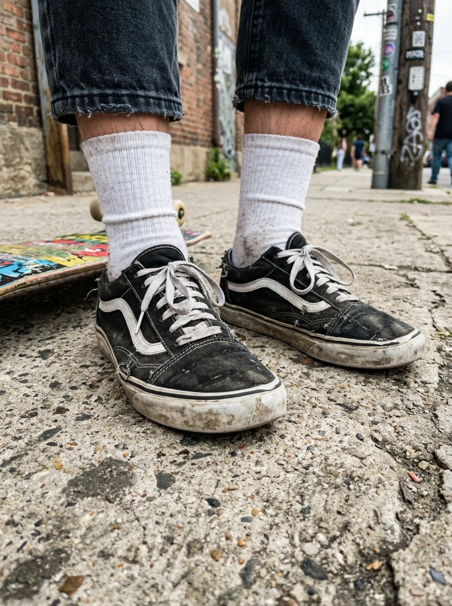 Close-up of a person wearing dirty black sneakers with white socks standing on a concrete sidewalk next to a skateboard.