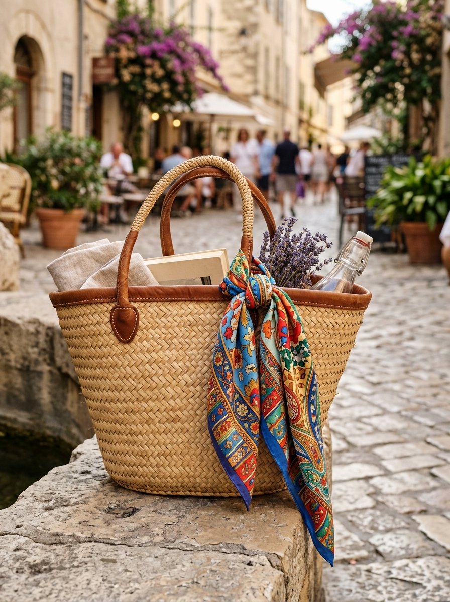 A woven straw tote with leather handles and a patterned silk scarf sits on a stone wall in a cobblestone street.
