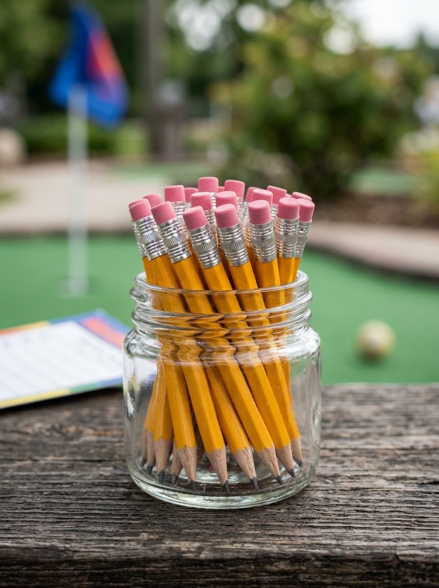 Many yellow wooden pencils with pink erasers clustered inside a clear glass container on a wooden surface.