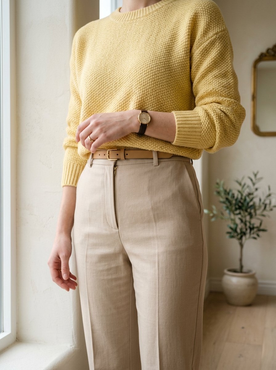 A close up of a person wearing a mustard knit sweater tucked into tan dress pants with a leather belt and wristwatch.