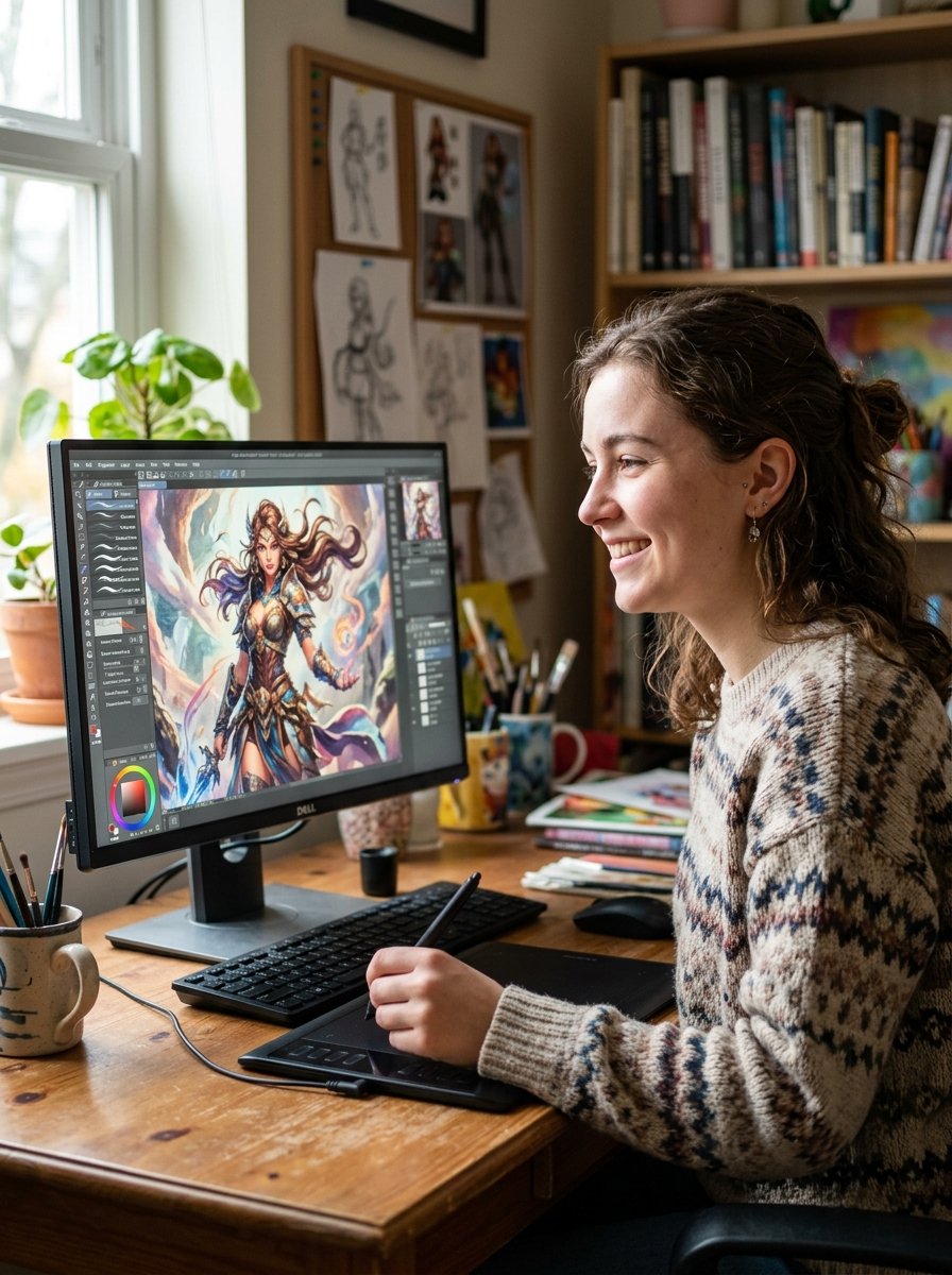 Young woman in a sweater using a stylus pen on a tablet to draw a fantasy character on her desktop computer.