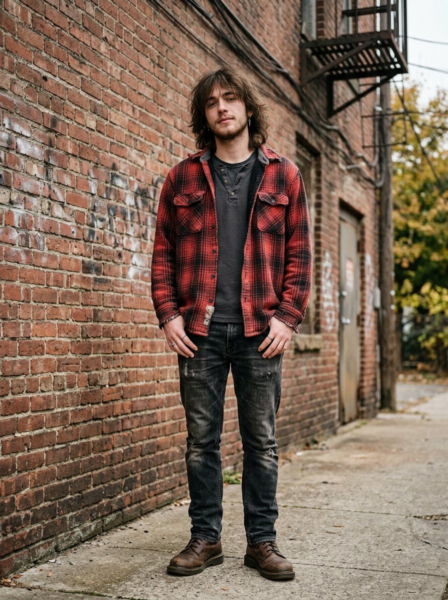 A person with shoulder-length hair stands on a sidewalk against a rustic brick alleyway wall.