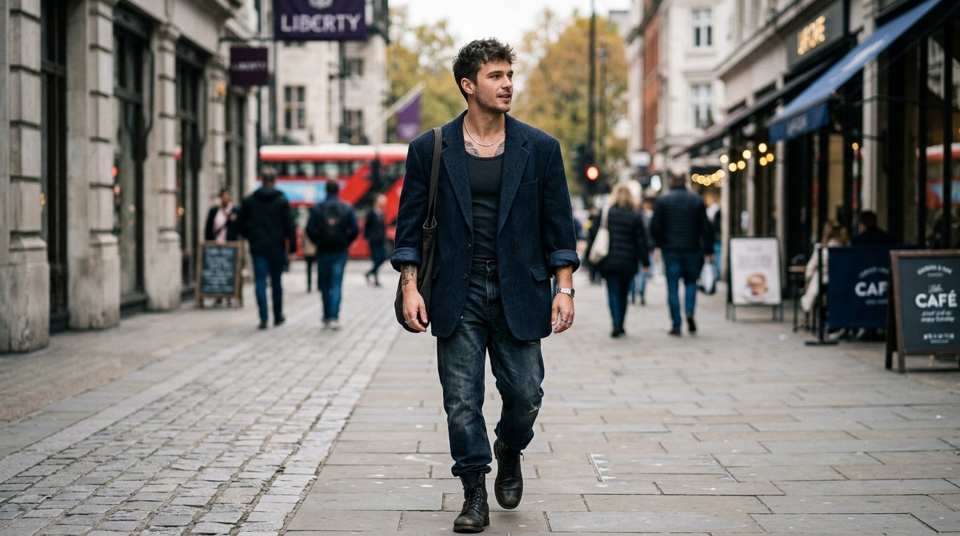 A man in a dark blazer and jeans walking along a sidewalk near Liberty London storefronts.