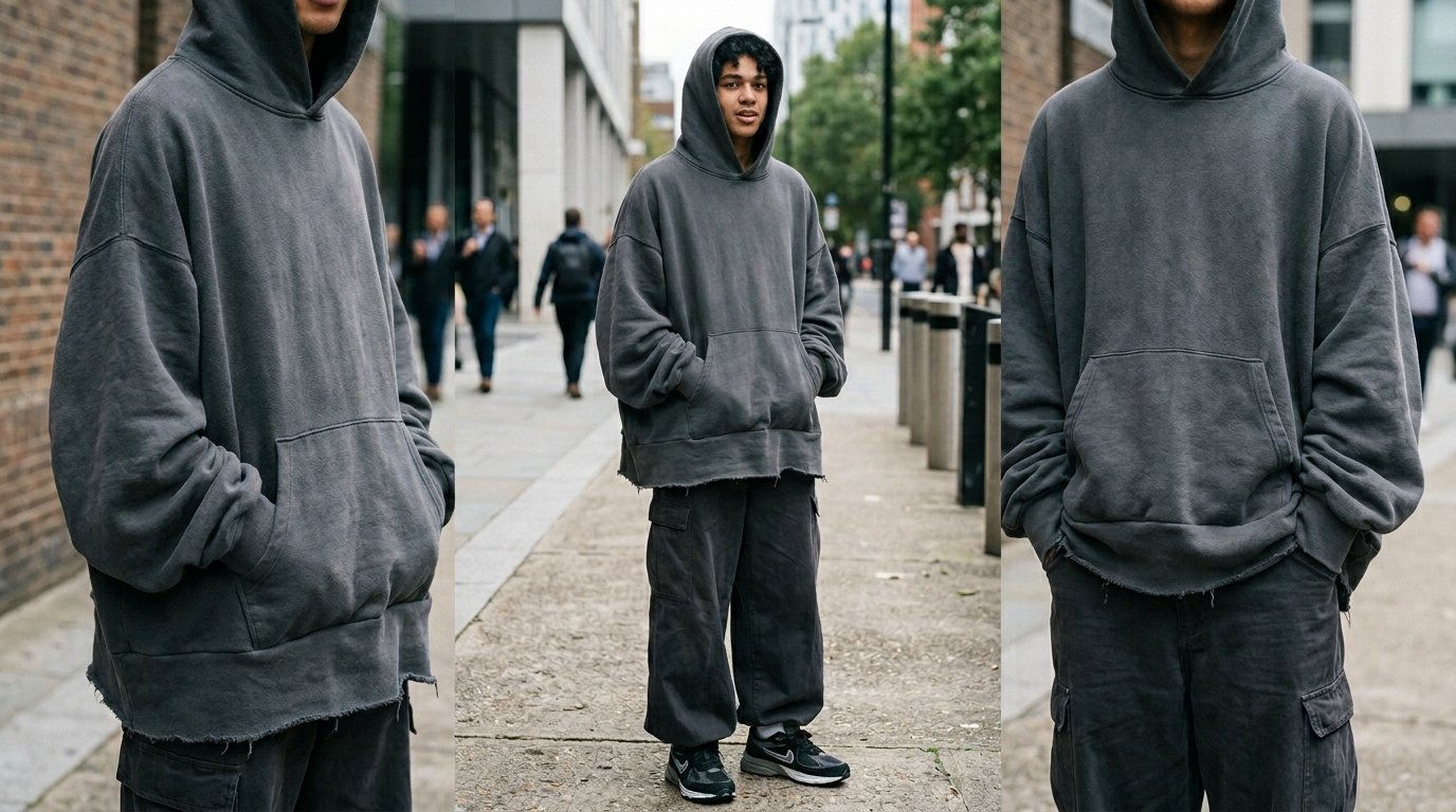 Close-up and full-length views of a man wearing a baggy charcoal hoodie with a distressed hem and cargo pants.