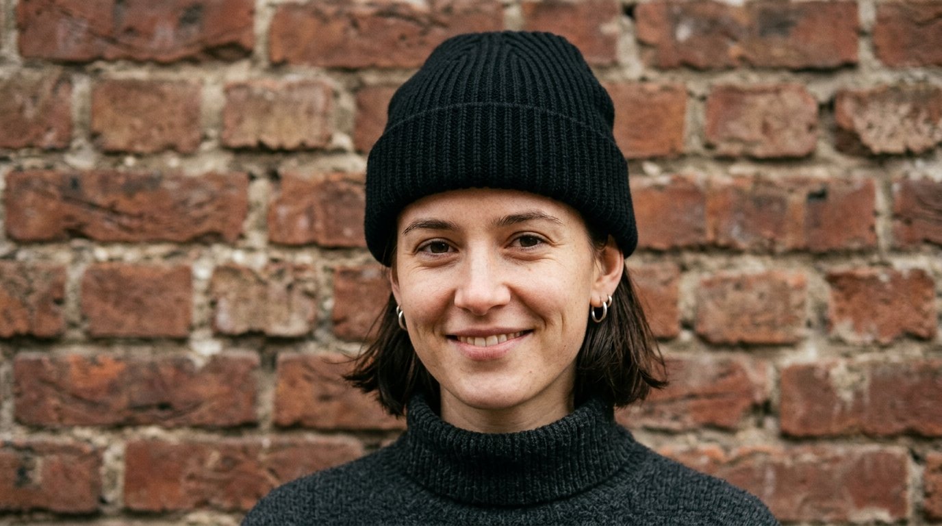 Portrait of a woman with short hair and silver hoop earrings posing in front of a rustic red brick wall.