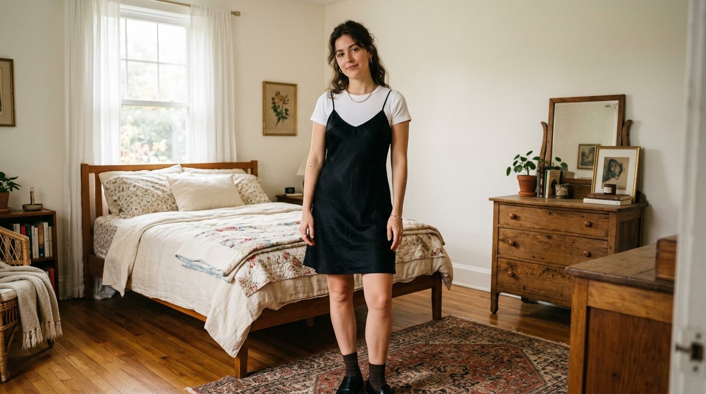 A woman stands in a cozy bedroom wearing a black dress layered over a white tee with loafers.