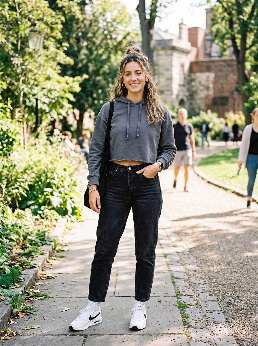 A smiling woman with a half-up bun posing on a paved path in a park.