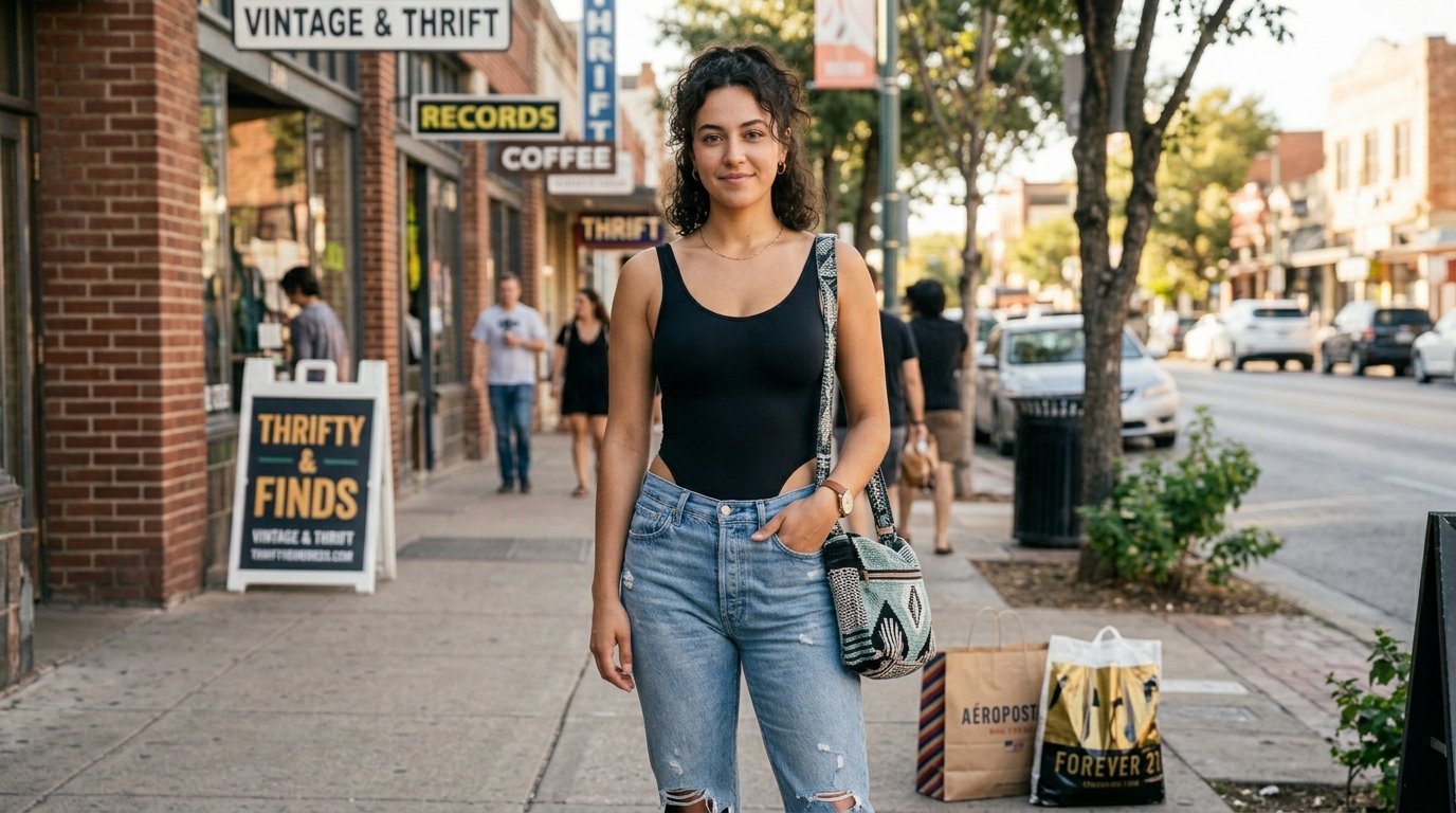 Portrait of a woman wearing a black bodysuit and blue jeans carrying a patterned crossbody bag on a city street.