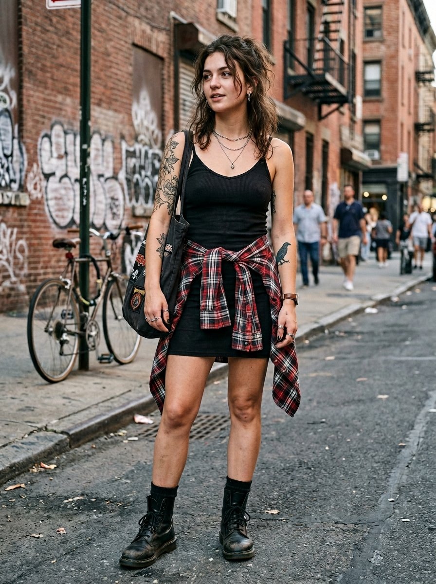 Woman in a black mini dress and plaid flannel shirt posing on a New York City sidewalk with graffiti brick walls.
