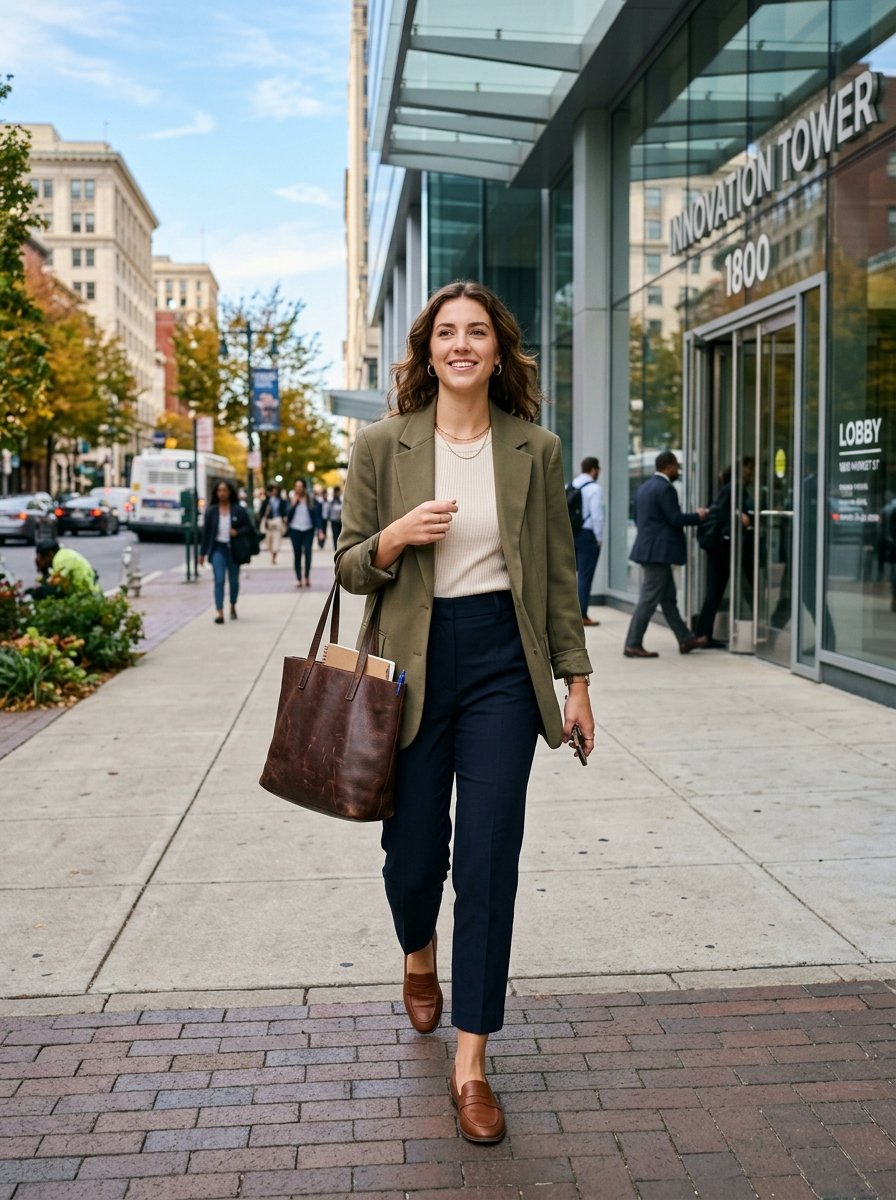 Smiling woman in business casual attire with a brown leather tote bag walking on a city sidewalk.