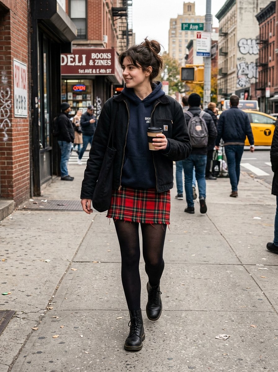 Person with dark hair wearing a navy hoodie, black jacket, and red plaid mini skirt holding a coffee on a city sidewalk.