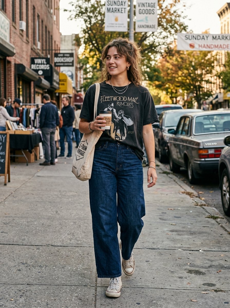 A woman wearing a band t-shirt and blue jeans walks down a sidewalk holding a coffee cup.