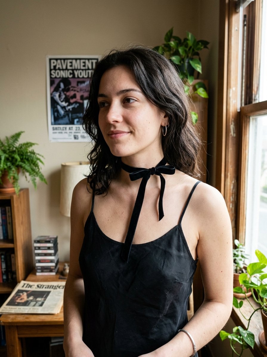 A smiling young woman in a black camisole top wears a thin velvet neck ribbon tied in a bow.