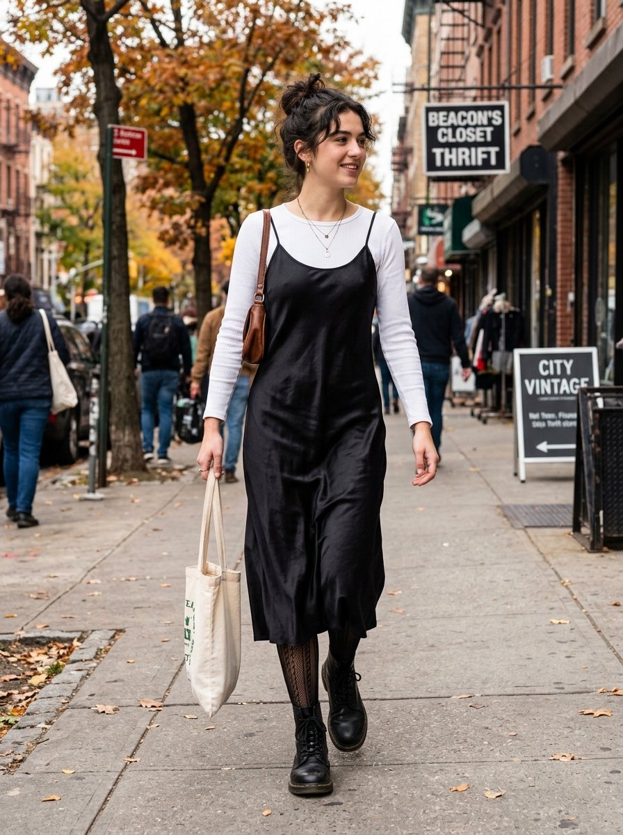 Woman in a black slip dress over a white long-sleeve top walking on a New York street carrying a canvas tote bag.